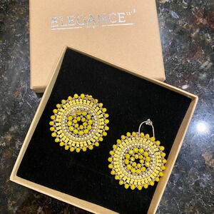 Women  Summer Yellow Beaded Crystals Glass Bead Dangle Drop Bohemia Earrings